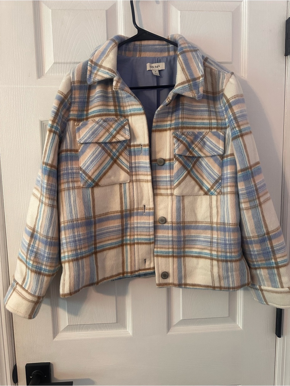 ON 34th Cream Plaid Utility Jacket with Light Blue & Tan Stripes - Picture 1 of 2